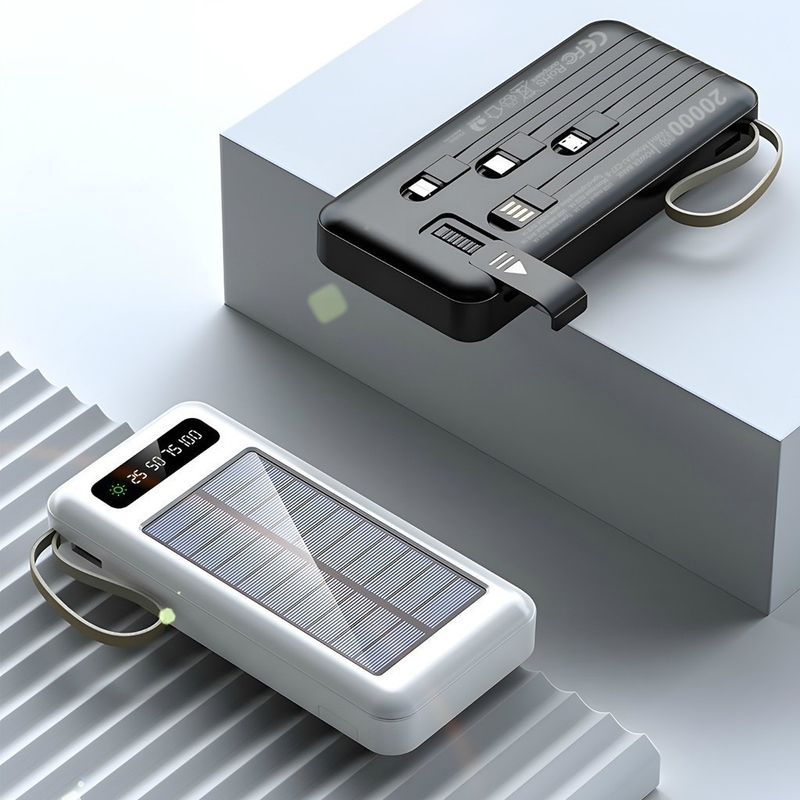 Carregador Portátil Solar 20000mAh Power Bank com Cabos Embutidos Display Digital USB Rápido